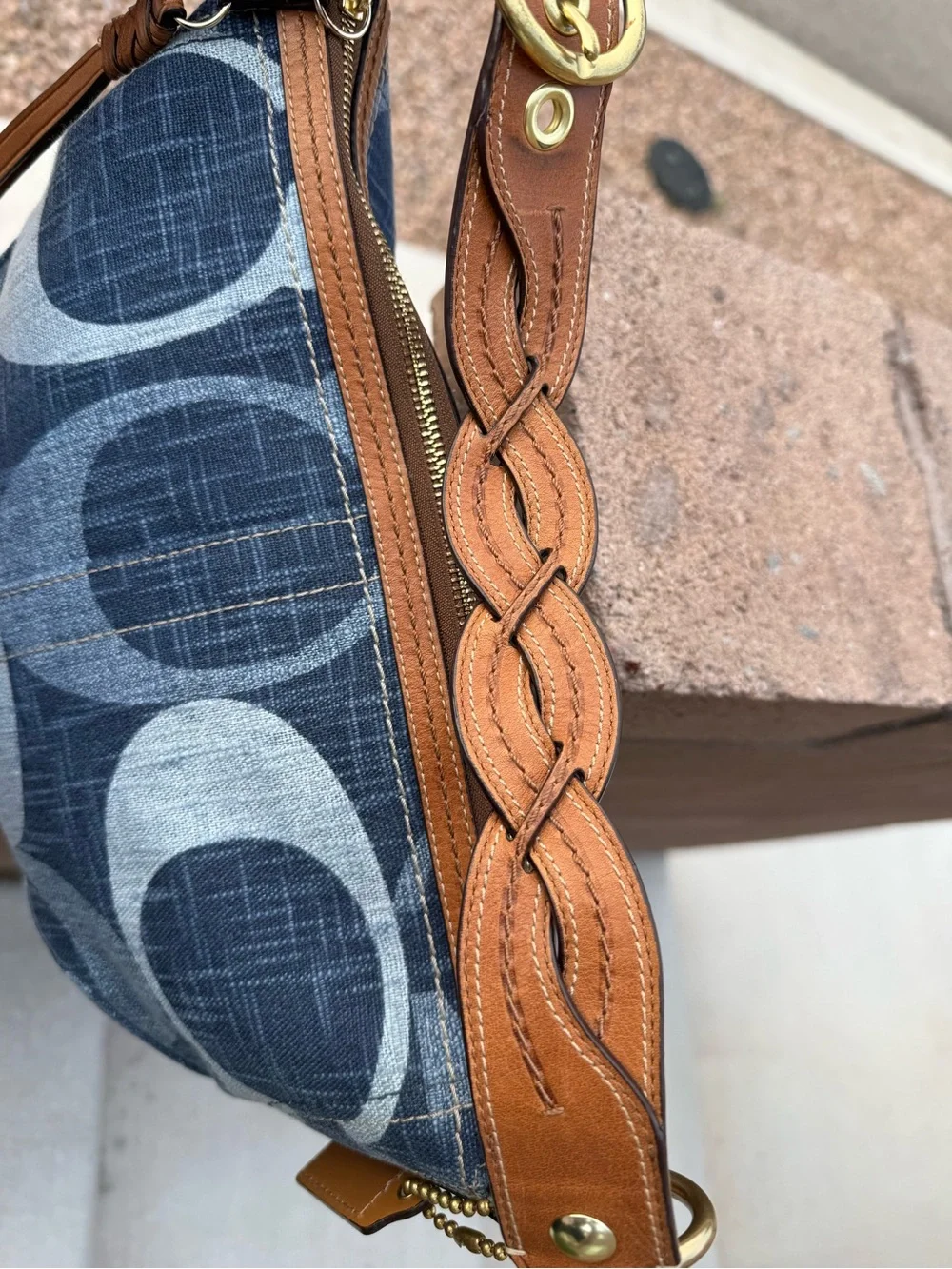 Rare Vintage Coach Denim Jumbo Signature Hobo Bag Leather #12190
